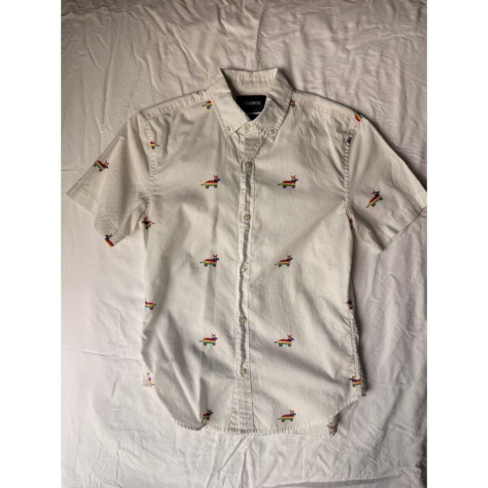 Bonobos Mens White Rainbow Piñata Embroidered Short Sleeve Slim Fit Shirt XS